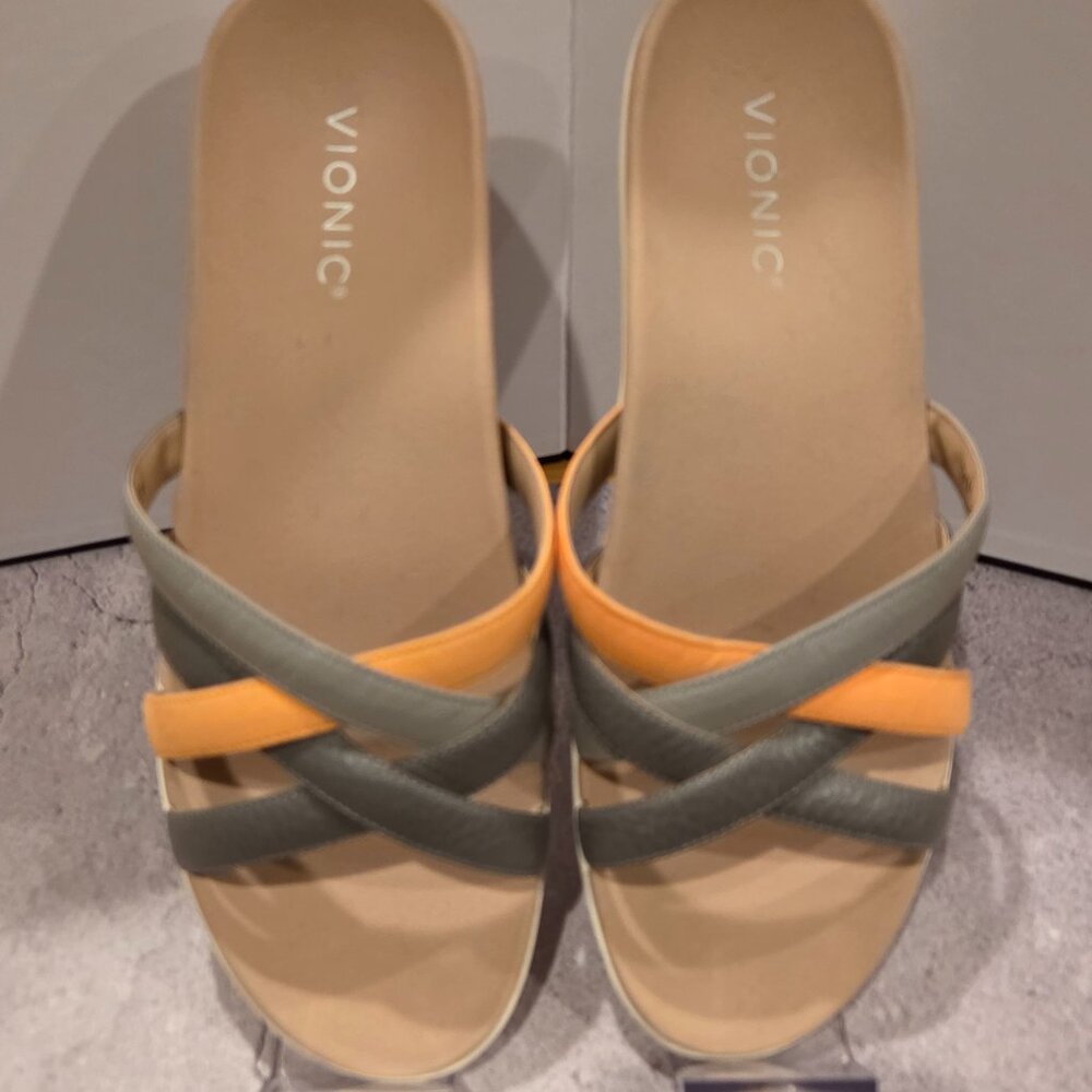 Women's Vionic Dava Leather Sandals Gray Orange Shoes 8.5
